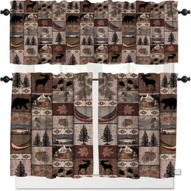 SHElifestyle Retro Rustic Style Curtain Set, Vintage Moose Deer Bear Leaf Tree Country Style Farmhouse Cottage Cabin Window Valances and Tier Set for Kitchen Living Room Café Décor