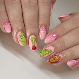 Christmas Press on Nails Short Almond Shaped Snowflake Fake Nails Pink Glitter Full Cover Glue on Nails with Fun Cartoon Christmas Trees Design Winter Holiday False Nails for Acrylic Manicure Salon