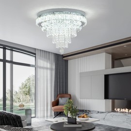 CLAIRDAI Modern Crystal Chandelier Round LED Crystal Ceiling Light Fixtures Flush Mount Chandelier Ceiling Lamp for Living Room Bedrooms Dining Room (6500K Cool White)