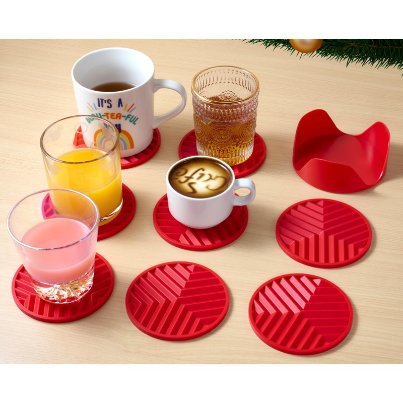 8-Pack Red Silicone Coasters with Holder, Non-Slip Rubber Coasters for
