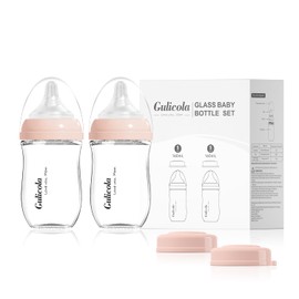 Gulicola Natural Glass Baby Bottle for Breastfeeding Babies, Newborn Anti-Colic Bottle Set with Slow Flow Nipple, 0-3 Months, 5 oz, 2 Pack - Pink