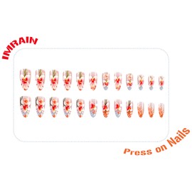 IMRAIN Almond Press on Nails Medium Fake Nails Orange Flower False Nails with Design Acrylic Artificial Nail Supplies Glossy Glue on Nails Full Cover Spring Stick on Nails Manicure Nail Art