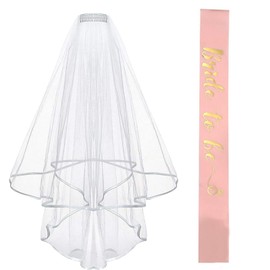 XUNQUCOM Women Bride To Be Printed Sash With Shoulder Length Veil Party Set (White Champagne)