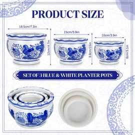 Briwooody Set of 3 Blue and White Porcelain Flower Pots 7.2'' 6'' 4'' Decorative Chinoiserie Plant Pots with Drainage Hole Saucers Ceramic Planters for Indoor Garden(Elegant Style)