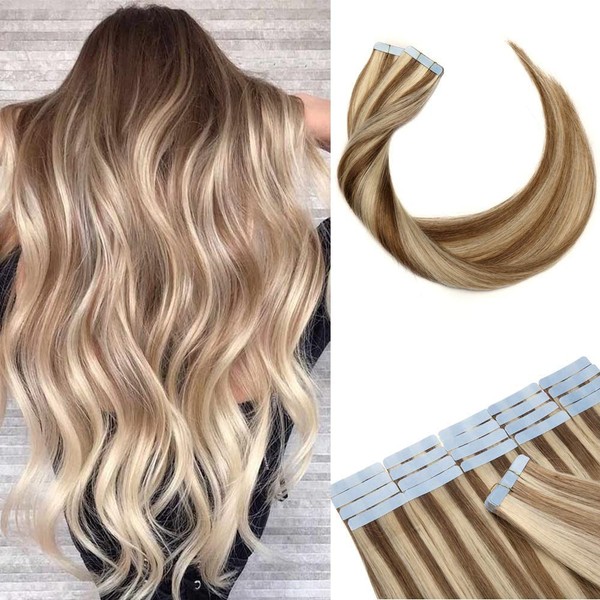 Hairro 18" 50g Remy Tape in Hair Extensions Highlight Human Hair Long Straight Hair Seamless Skin Weft Invisible Double Sided Tape 20pc/pack +10 Free Tape Bonds Golden Brown Mix Bleach Blonde