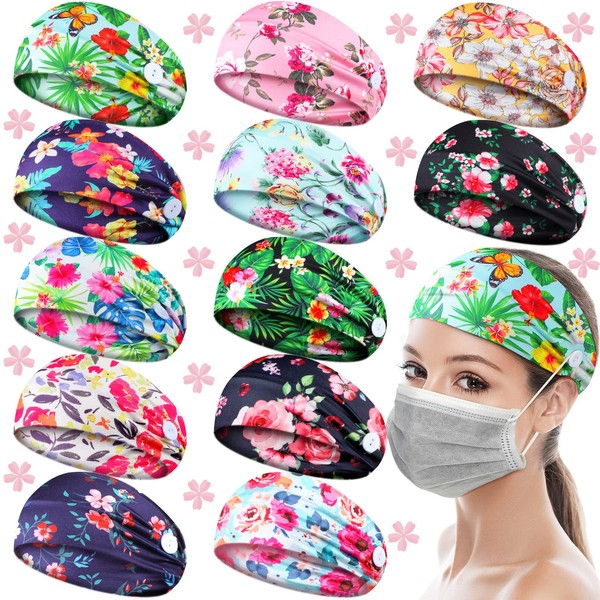 12 Pcs Nurse Button Headband for Women Boho Nursing Headbands Non Slip Floral Style Head Wrap Multicolored Ear Protection Holder for Men Women Friends Ear Protection