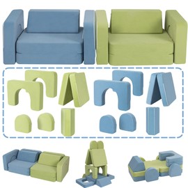 CAPAKIDS Kids Couch, Modular Kids Play Couch with 1000+ Building Options, Super Comfy Convertible Sofa for Playroom, Ideal Gift for Children，Blue/Green