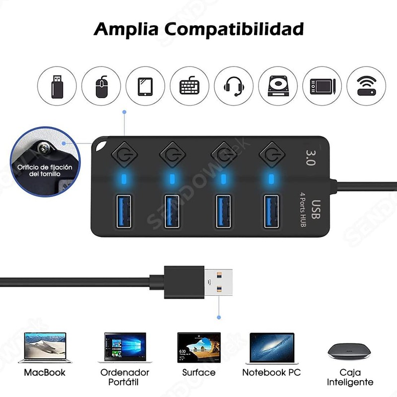 Sendowtek Hub USB 3.0 Universal 4 Puertos Multi USB 3.0