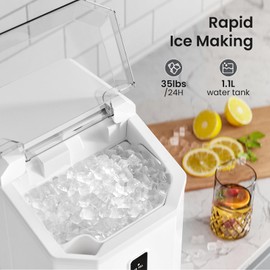 Nugget Ice Maker Countertop with Self-Cleaning, Crushed Ice Maker Machine with Handle, 35lbs/24H, One-Click Operation for Home/Office(White)