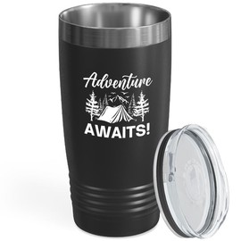Travelling Tumbler 20oz Black -Adventure Awaits B - Travel Journal Trip Planner Solo Travel Backpacker Guide Couples