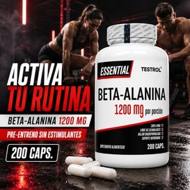 Beta Alanina 1200 mg por Porción TESTROL Essential, Preentreno sin Estimulantes ni Cafeína, para Fuerza, HIIT y Cross Training, 200 Cápsulas, 100 Porc