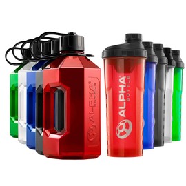 Alpha Designs | 2 Litre XXL Water Bottle (2400ml) + Protein Shaker (1l) Gym Bundle | Red