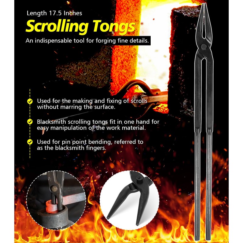 Yoursme Beginner Blacksmith Tongs Set: 1/4 Flat Jaw, Pick Up,