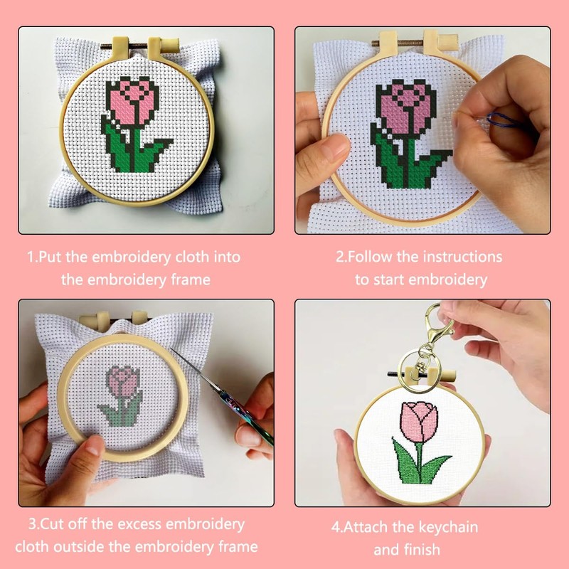 Zhenqing 5 Patterns Mini Cross Stitch Keychain Kit, DIY Flower
