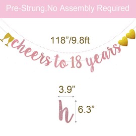 Cheers to 18 Years Banner, Pre-Strung, Rose Gold Glitter Paper Banner for 18th Birthday/Wedding Anniversary Party Decorations Supplies, No Assembly Required,Letters Rose Gold,SUNbetterland