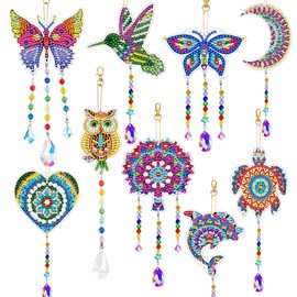 9PCS Diamond Painting Suncatchers,Diamond Art Kits for Adults DIY Diamond Crystals Art Keychain Key Ring Hanging Ornaments Diamonds Paintings Wind Chimes