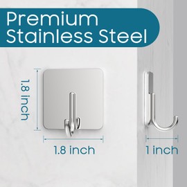 Docrok 12 Pack Stainless Steel Heavy Duty Adhesive Towel Hooks for Bathrooms, Kitchen Towel Hooks, Waterproof Bathroom Hooks for Towels, Wall Hooks for Hanging, Adhesive Shower Coat Hook, Silver