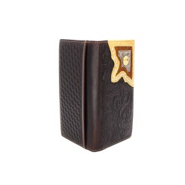 Western Bifold Wallet Coffee Checbook Genuine Leather Longhorn Studs Gold Silver