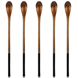 AOOSY Wooden Spoons,Wood Long Handle Spoon 5 Pieces Natural Wood Mixing Spoon Set for Coffee Ice Tea Hot Drinks(Dark Brown)