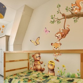 FUFUQUARE Woodland Animals Wall Stickers Cute Bear Monky Swinging Tree Branch Wall Decals Vinyl Removable for Baby Nursery Bedroom Living Room Playroom