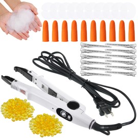 Herramienta de Extensión de Cabello de Queratina de Fusión de Hierro Varita de Conector de Calor con Protector de Pegamento Fusión Plantillas Clips Pelo Protector de Dedos 2 Bolsas Cuentas (Blanco)