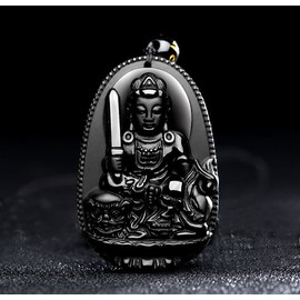 Buddha Pendant Necklace Bodhisattva Amulet/Talisman Made of Obsidian Gemstone, Bella Jade