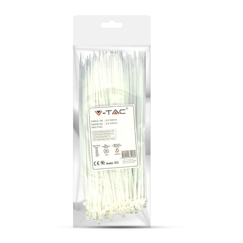 V-TAC 11163 Cable Ties 2.5 x 200 mm Nylon White