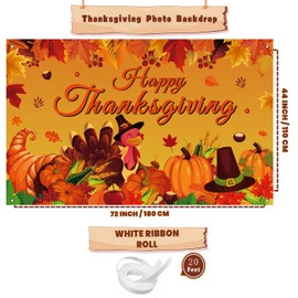Happy Thanksgiving Photo Backdrop - Fall Maple Leaves, Turkey, Pumpkin Themed Banner for Party Decorations, 71x43 Inches