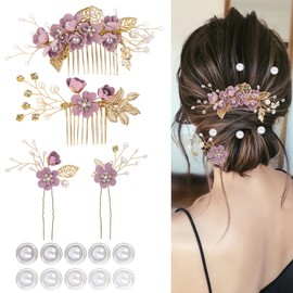 4Pcs Wedding Hair Accessories for Women, Classy Bridal Hair Pins Flower Bridesmaid Hair Accessories 10Pcs Spiral Pearl Hair Pins for Brides Bridesmaids Women Girls (Purple)