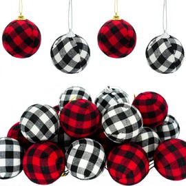 24 Pack Christmas Ornaments Buffalo Plaid Xmas Balls Decorative Christmas Tree Hanging Ornaments for Christmas Decorations
