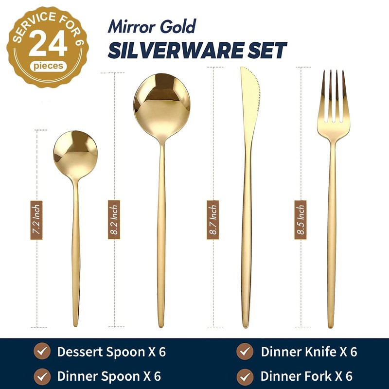 24-Piece Gold Silverware Set Gold Flatware Set for 6, Gold