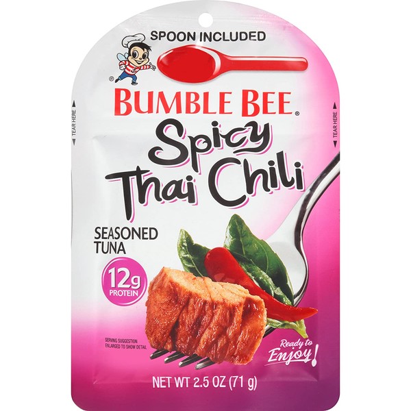 BUMBLE BEE Spicy Thai Chili Seasoned Tuna Pouch with spoon, Gluten Free, High Protein, Bulk Snacks, 2.5 Ounce Pouches (Pack of 12)