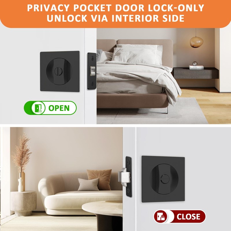9BUILD Black Pocket Door Hardware Square Pocket Door Lock Privacy