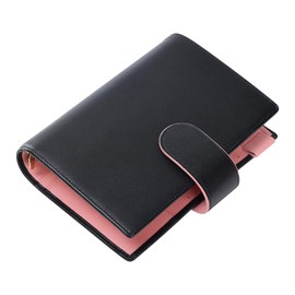 Smartfee Leather Personal Organizer Planner – 6 Rings Notebook Binder with Flyleaf, 30mm Gold Ring, Nappa Leather（ Black&Pink)