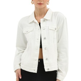 Argstar Women's Denim Jean Jackets Button Up Long Sleeve Basic Trendy Stretch Trucker Jacket White S