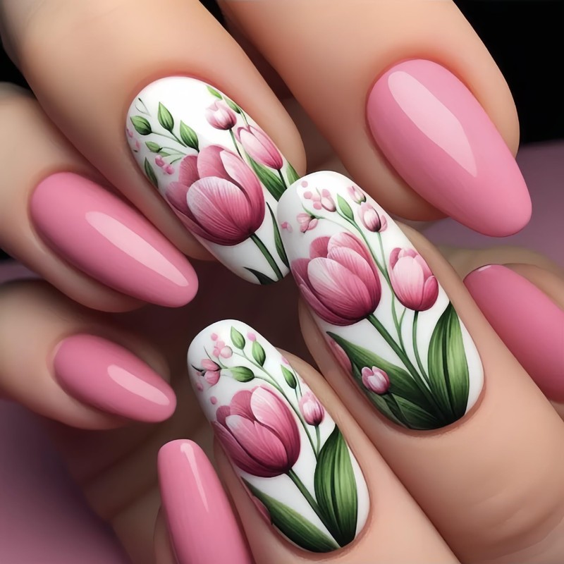 Uñas postizas cortas con forma de almendra y flores de