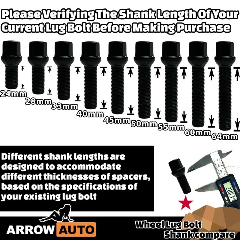 ARROW 20pcs Black M14x1.5 Cone Seat Lug Bolt 28mm Shank/17mmHex