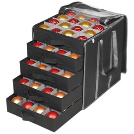 ProPik Christmas Ornament Storage Boxes with Dividers - 5 Separate Trays - Ornament Holder - Keeps 100 Holiday Ornaments - Durable Carrying Bag Handles Organizer Storage Box (Black)
