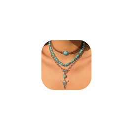 Western Turquoise Layered Necklaces for Women,Boho Stacked Chunky Choker Necklace Set Tauren Pendant Link Chain Necklaces Ethnic Jewelry Gifts 2024 (Cow)