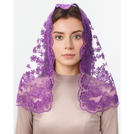 Mantveil Purple Lace Chapel Veil: Vintage Inspired D Shaped Floral Embroidered Mantilla Church Catholic Veils for Women Mass Head Covering Advent Lent