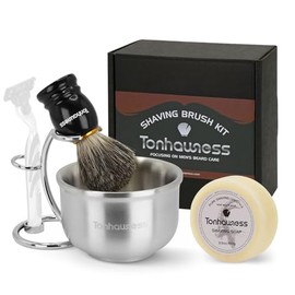 Shaving Brush Set for Men, 4 in 1 Shaving Brush Set with Badger Hair Shaving Brush, Stainless Steel Shaving Bowl, Shaving Stand and Soap