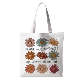 ignytiger Retro Floral Mental Health Tote Bag, Inspirational Canvas Tote Bags for Women, Peace and Kindness Motivational Daisy Floral Reusable Grocery Shopping Bag