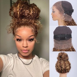 Ebarly Honey Blonde Hidden Strap 360 Full Lace Frontal Wigs Human Hair 4/27 Highlight Ombre Pre Plucked Bleached Knots 180 Density 360 Curly Wigs with Drawstring 22 inch