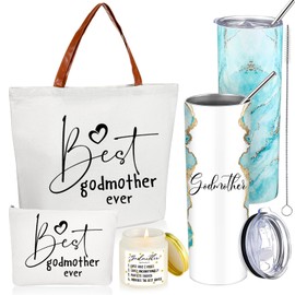 Domensi 4 Pack Godmother Gifts Set Included 20oz Stainless Steel Tumbler Cup with Straw and Lid Best Godmother Ever Gift Tote Bag Makeup Bag Scented Candle Mother Day Gift (Green)