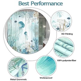 Neasow Nautical Shower Curtain, Teal Jellyfish Beach Shell Sea Life Shower Curtains with 12 Hooks, Coral Bathroom Curtain 72"×72"