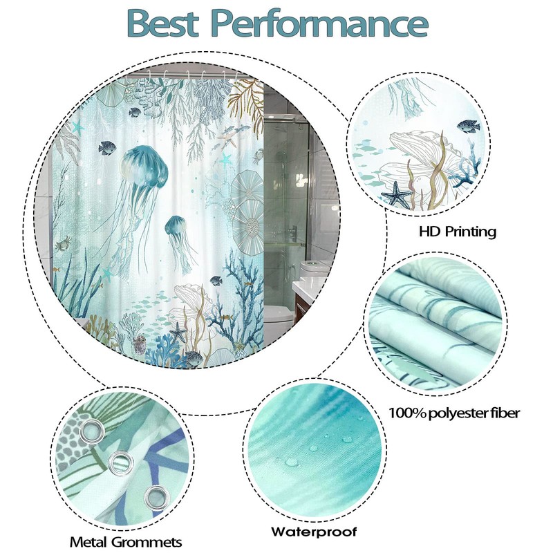 Neasow Nautical Shower Curtain, Teal Jellyfish Beach Shell Sea Life