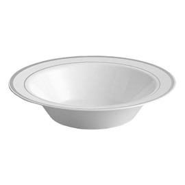 Kaya Elegant White & Silver Rim Disposable Plastic Soup Bowls - 12 oz (Set of 10) - Sturdy & Reusable Dinnerware for Any Occasion