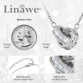 Linawe Rhinestone Simple Silver Necklace for Women, Dainty Interlocking Double Circle Pendant, Imitation Diamond Birthstone Cubic Zirconia Hypoallergenic Stainless Steel Chain Necklaces