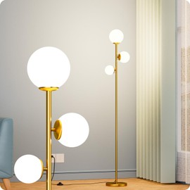 Nukanu Floor lamp with 3 Frosted Glass Shades,Stangding Lamp Floor Lamps for Living Room Bedroom Office with 3 led Bulbs,Tall lamp with Foot Switch (Gold)