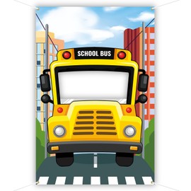 DoraDream Yellow School Bus Backdrop, 3.3 x 5 ft, Polyester, Birthday, Includes 19 ft Ribbon
